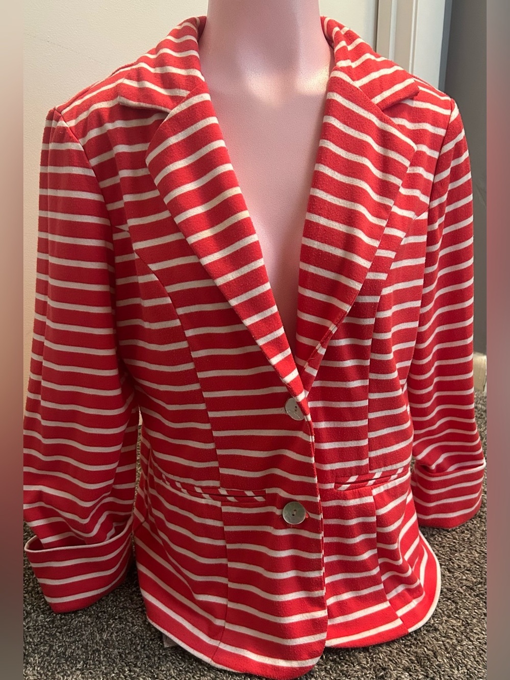 Metaphor Red & White Striped Knit Blazer - Two Button Front